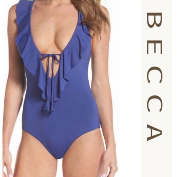 NWT Becca Socialite blue ruffle one piece swimsuit M - Picture 1 of 7